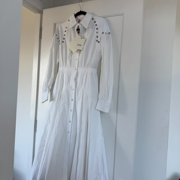 NWT Alexander McQueen A-line Midi Shirt Dress White Cotton Poplin Metal Eyelets - Picture 4 of 12